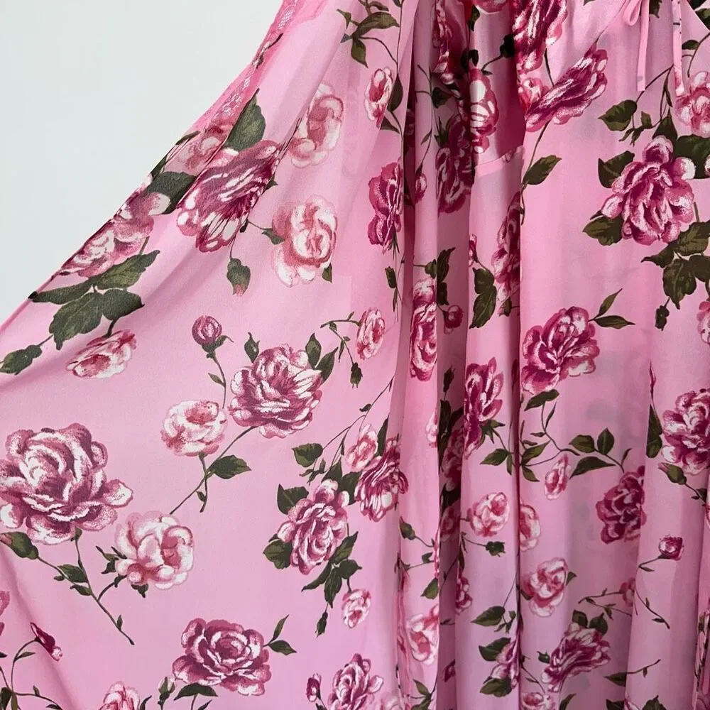 Woman Within Vintage Y2K 2 Piece Rose Printed Pink Lace Trim Slip Dress Robe Int